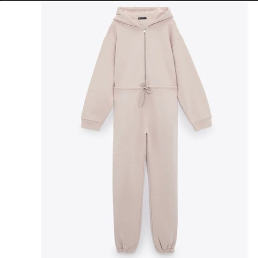 Zara HOODED PLUSH JUMPSUIT BEIGE